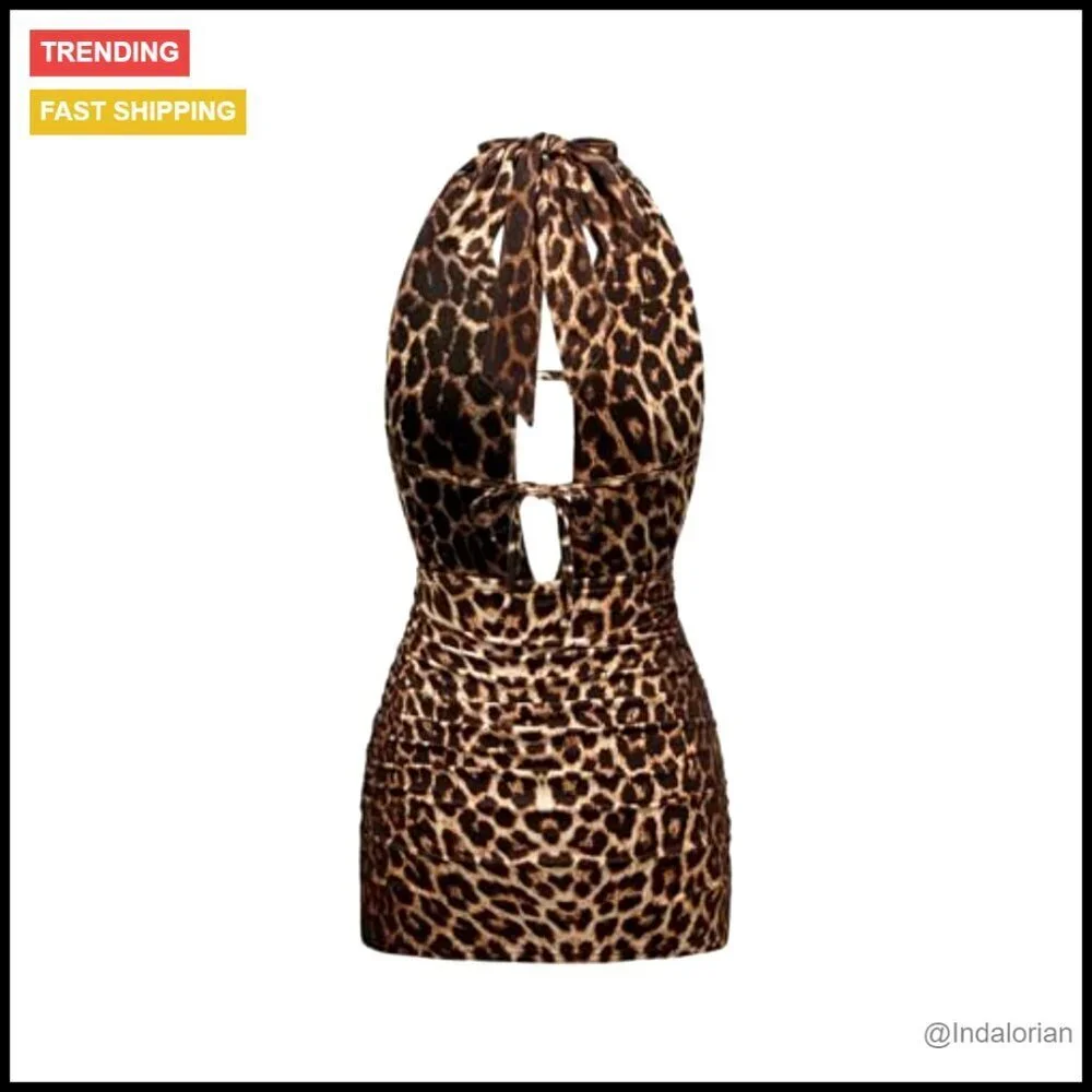 Leopard Print Halter Mini Dress Bodycon Ruched Party Club Night Out